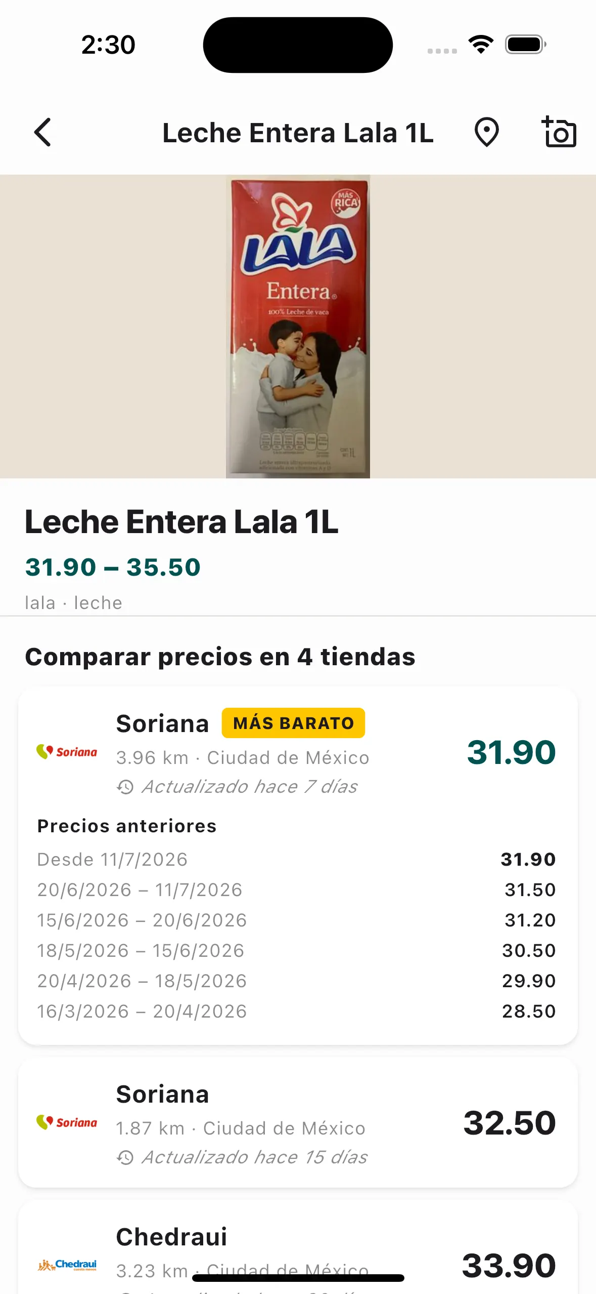 Página de producto con precios anteriores a lo largo del tiempo