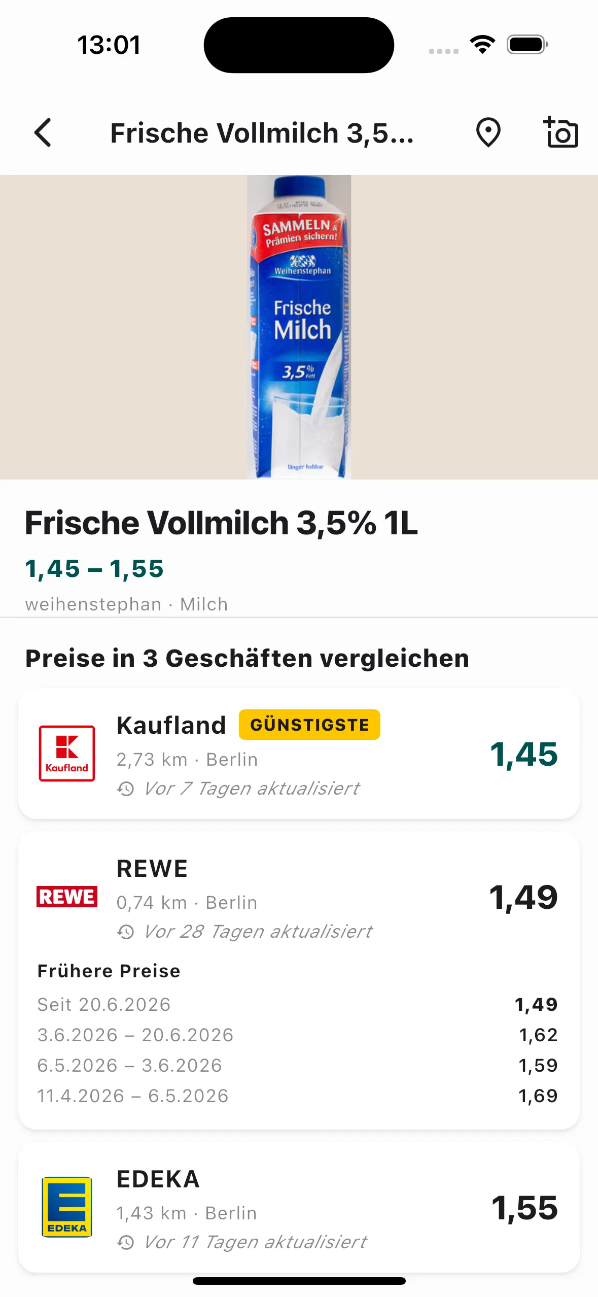 Produktseite mit früheren Preisen im Zeitverlauf