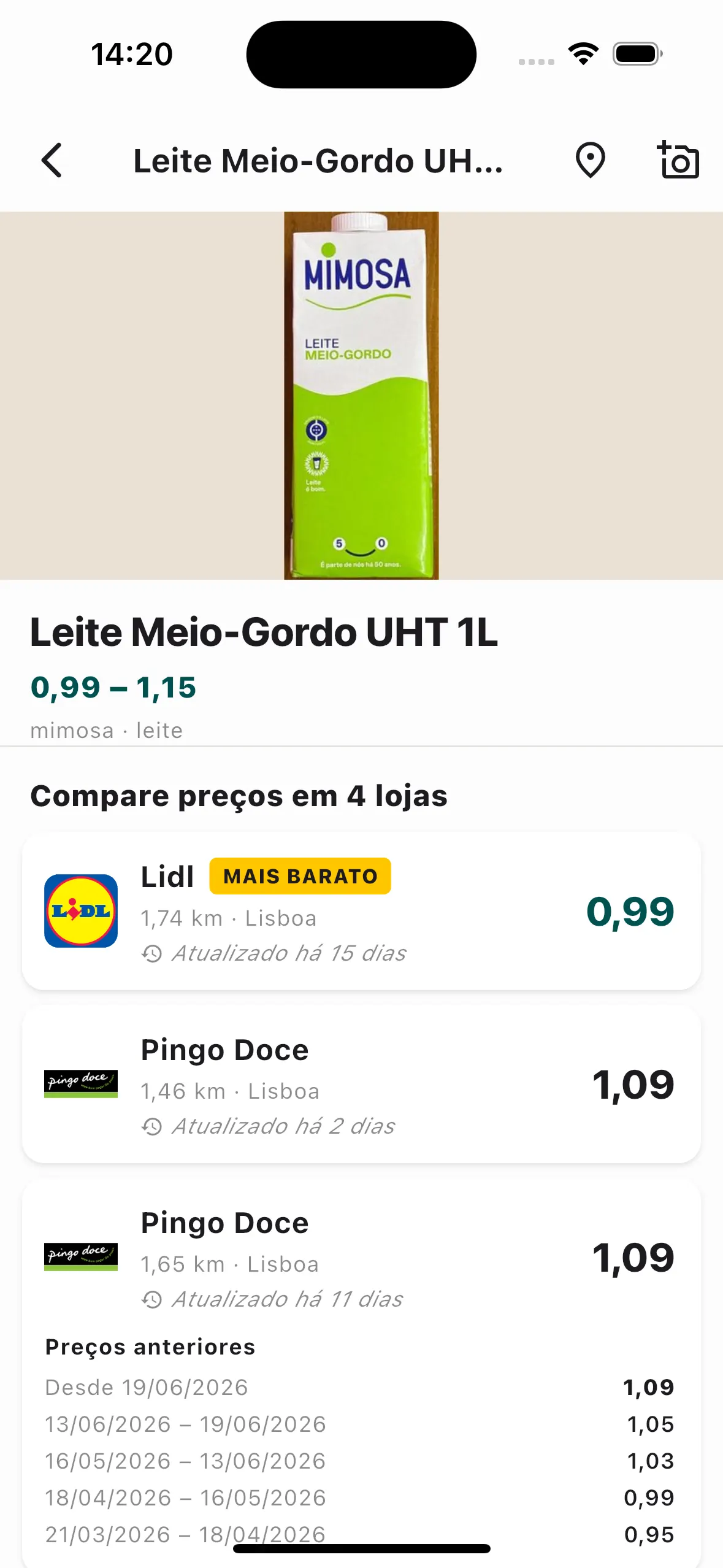 Página de produto com preços anteriores ao longo do tempo