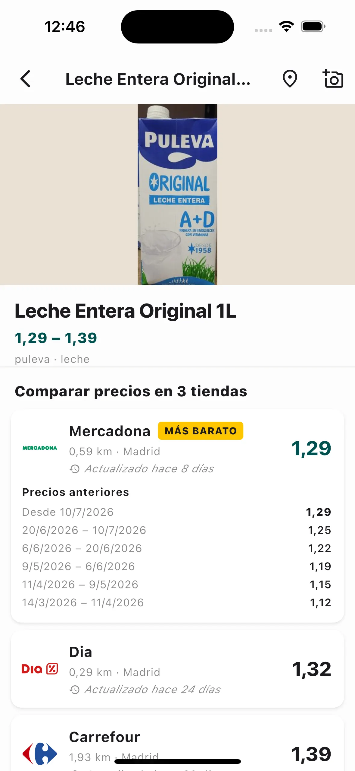Página de producto con precios anteriores a lo largo del tiempo