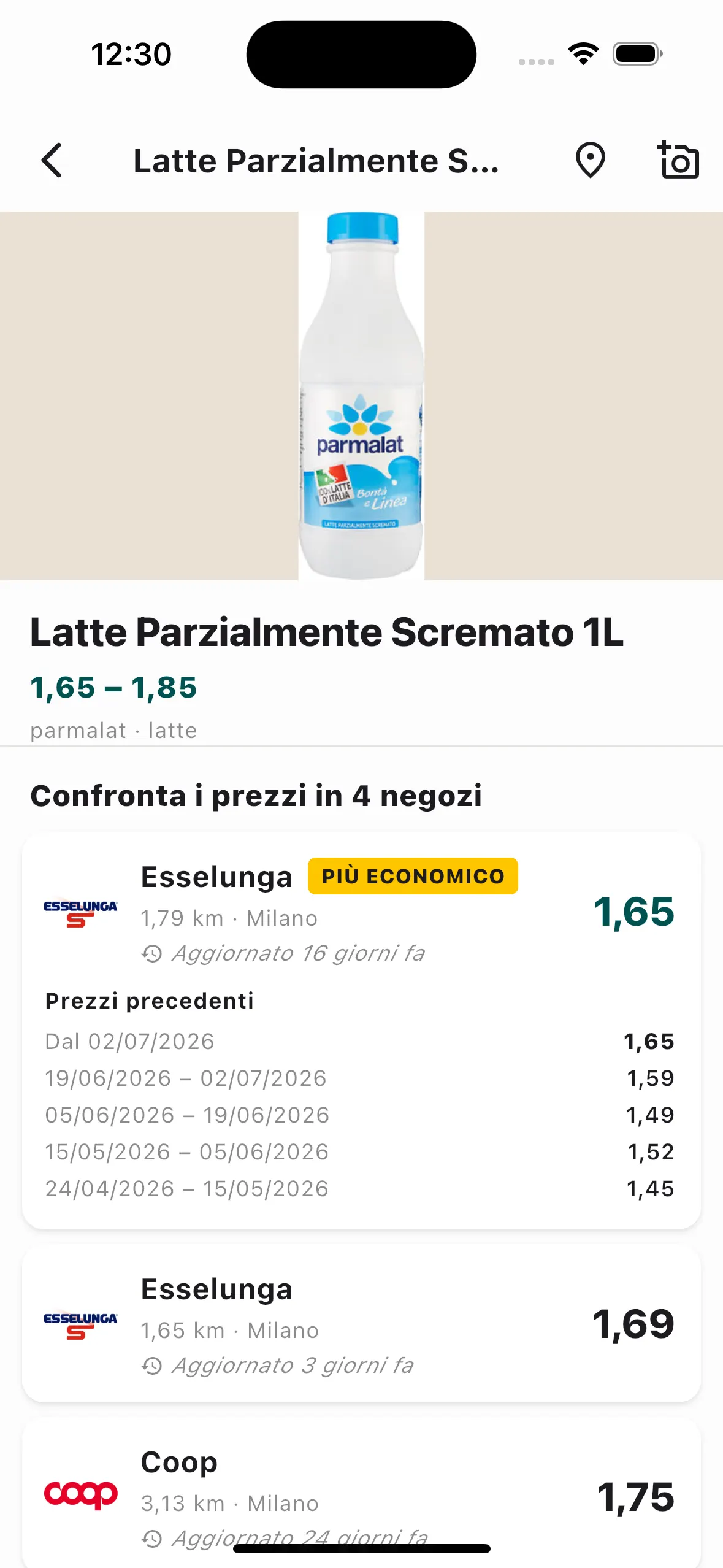 Pagina prodotto con i prezzi precedenti nel tempo