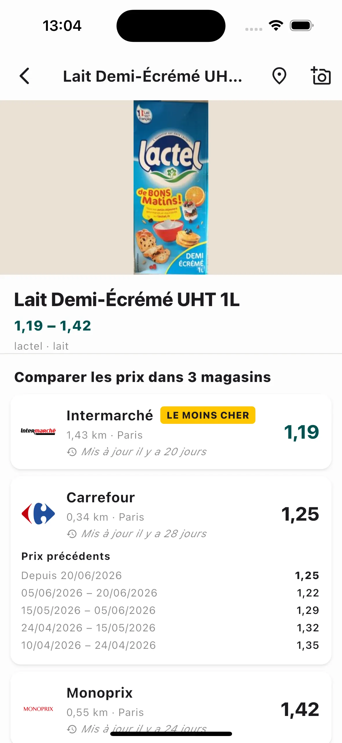 Page produit montrant les prix précédents dans le temps