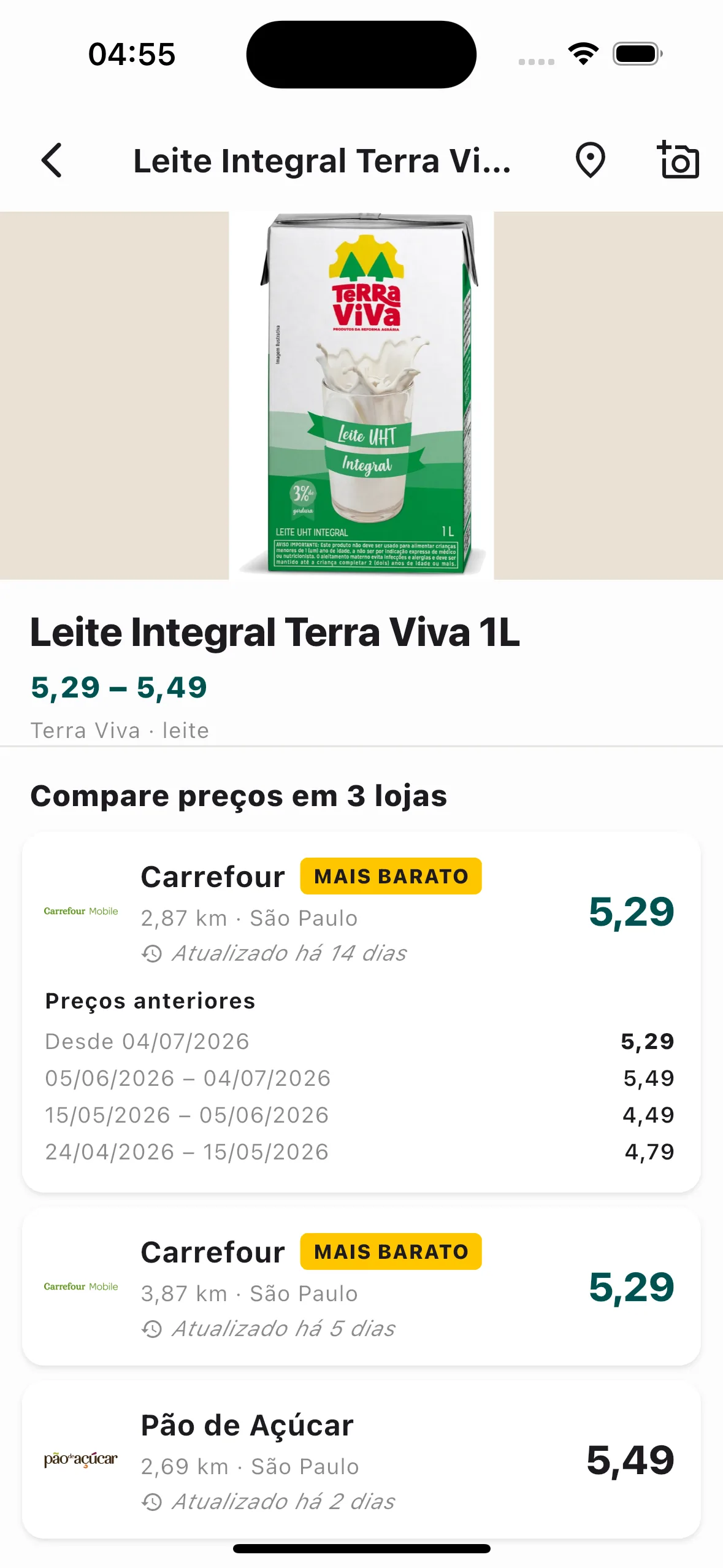Página de produto com preços anteriores ao longo do tempo