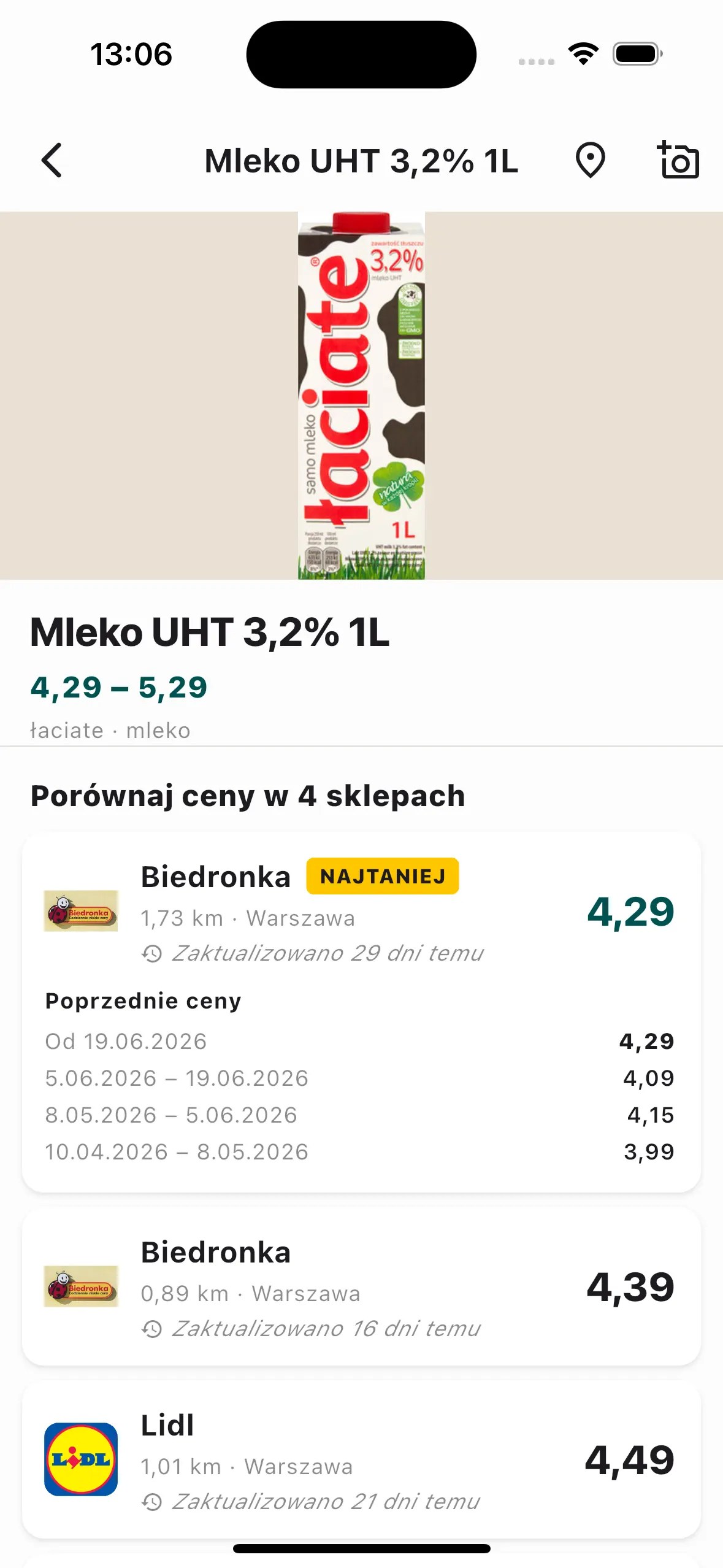 Strona produktu z wcześniejszymi cenami w czasie