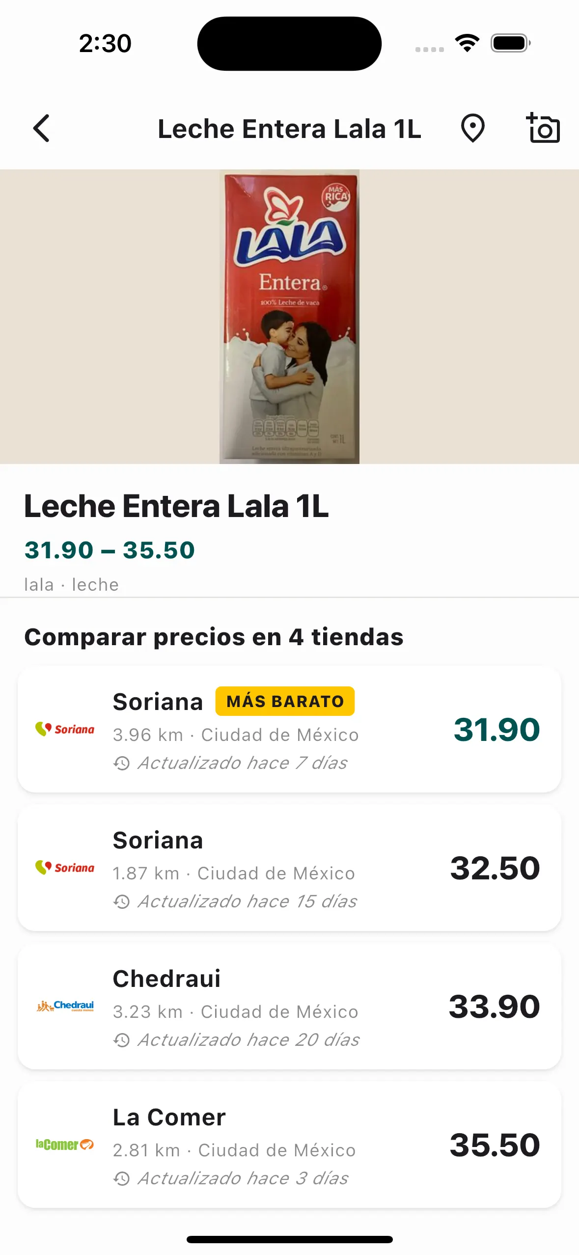 App de Zeebro comparando precios de un producto en tiendas cercanas, primero el más barato