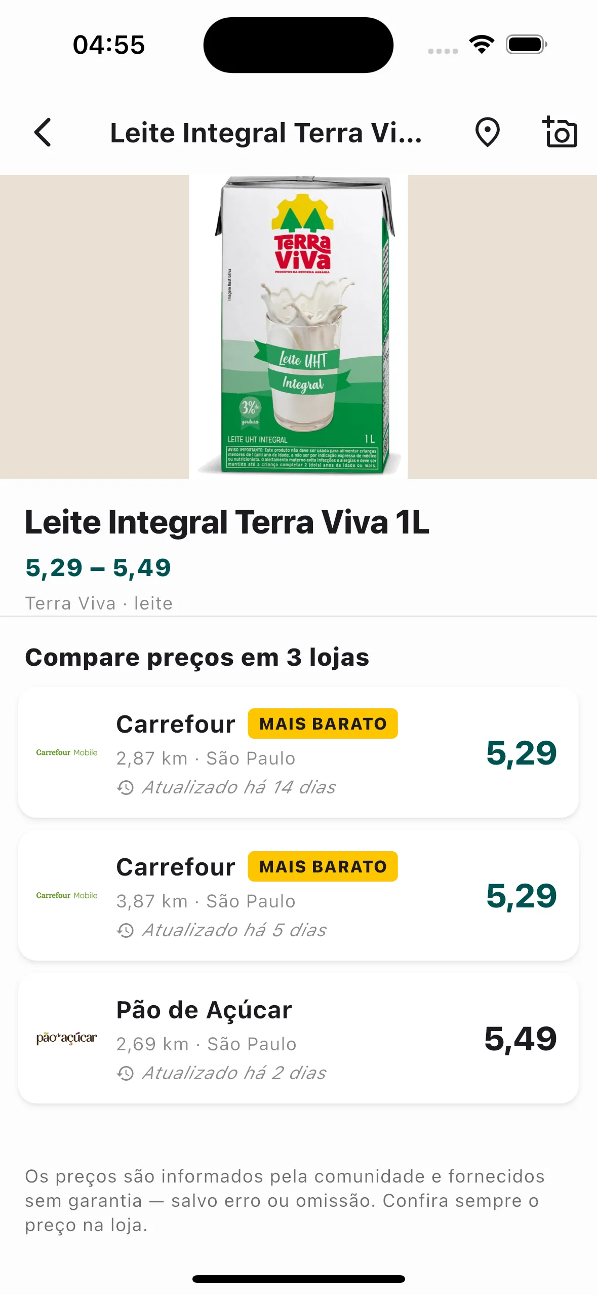 App Zeebro comparando preços de um produto nas lojas próximas, do mais barato ao mais caro