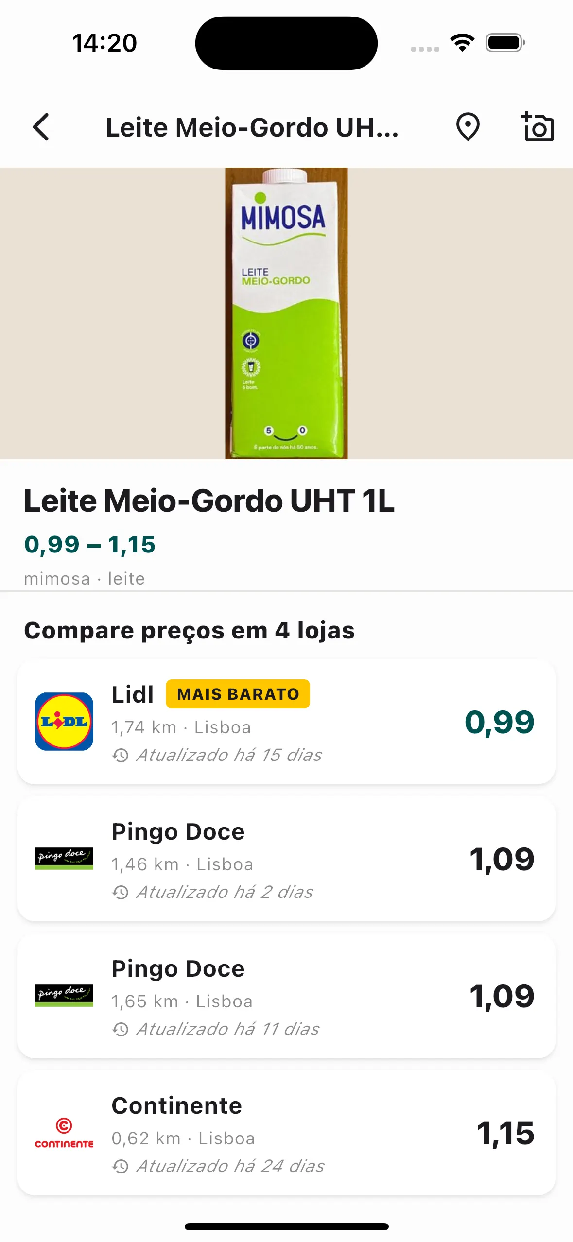 App Zeebro a comparar preços de um produto nas lojas próximas, do mais barato ao mais caro