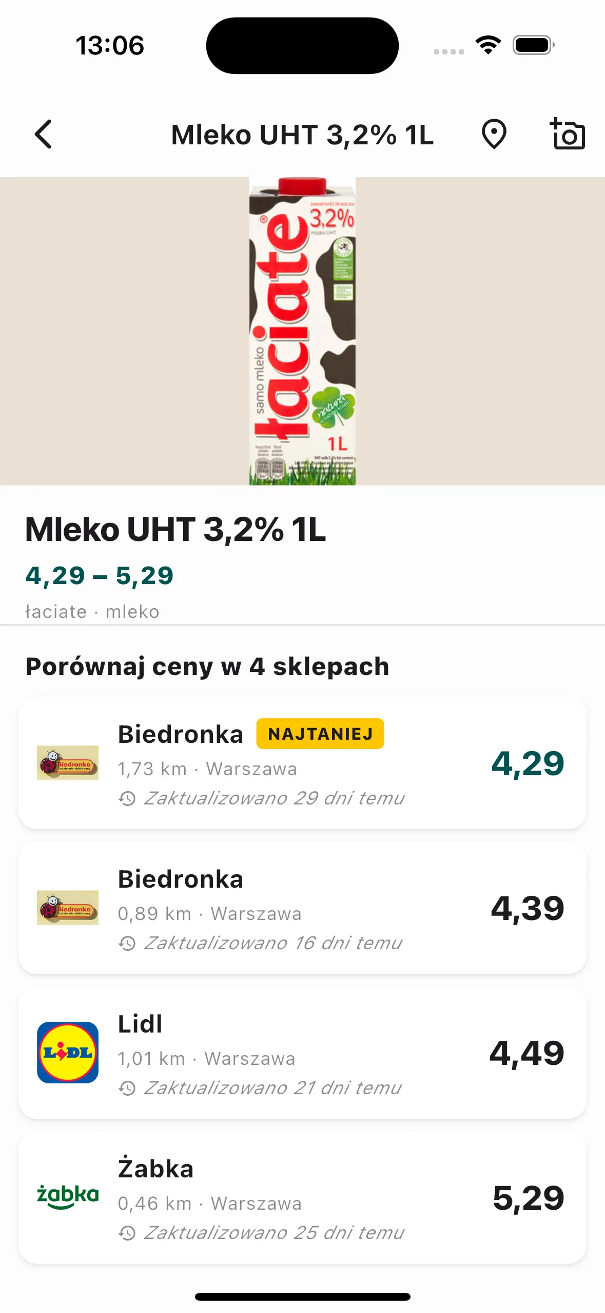 Aplikacja Zeebro porównująca ceny produktu w pobliskich sklepach, od najtańszego