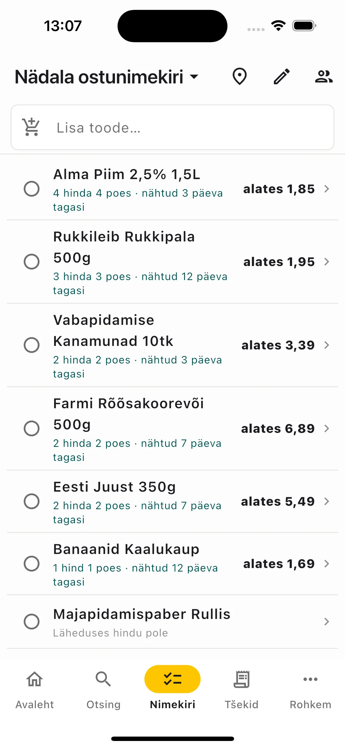 Jagatud ostunimekiri iga toote lähihindadega
