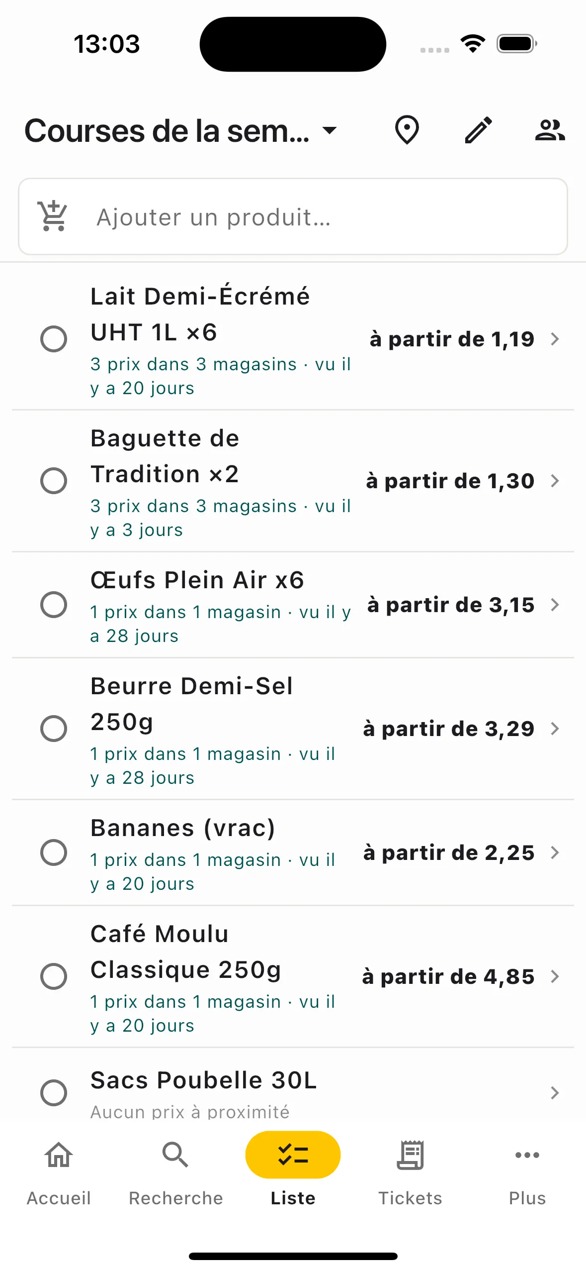 Liste de courses partagée avec les prix à proximité pour chaque article