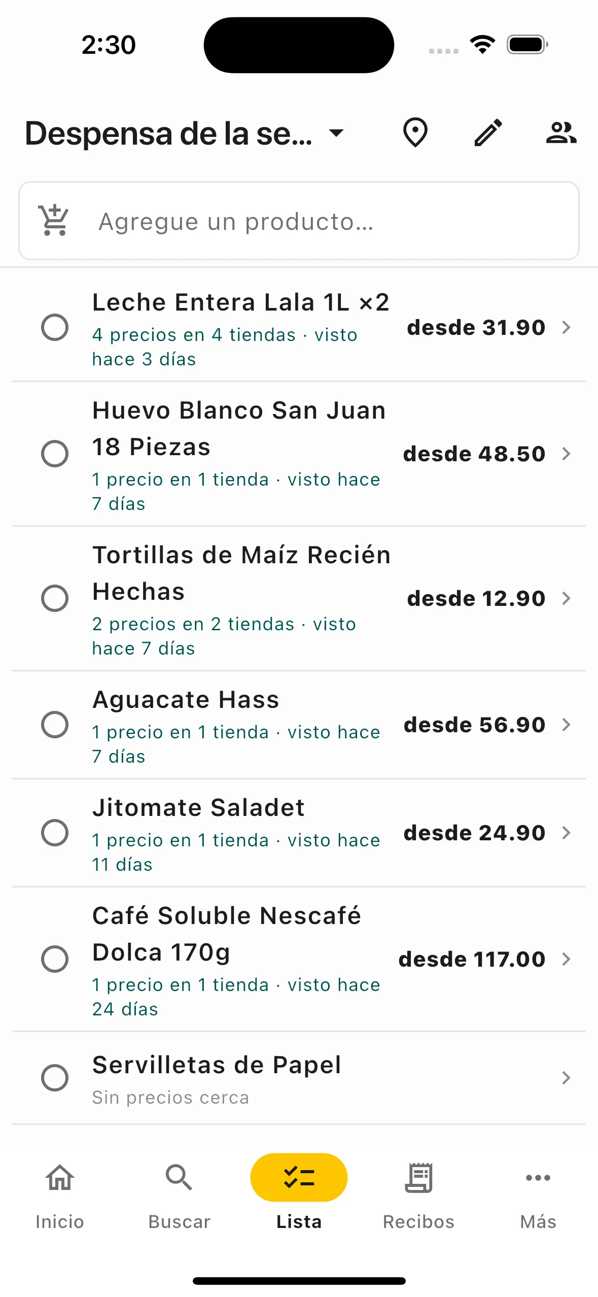 Lista de compras compartida con precios cercanos por producto