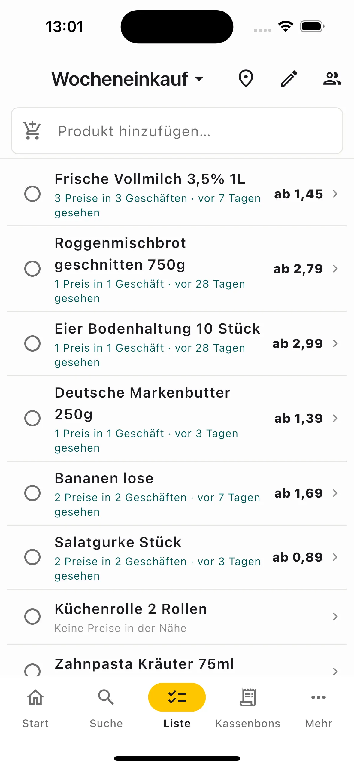 Geteilte Einkaufsliste mit Preisen in der Nähe je Artikel