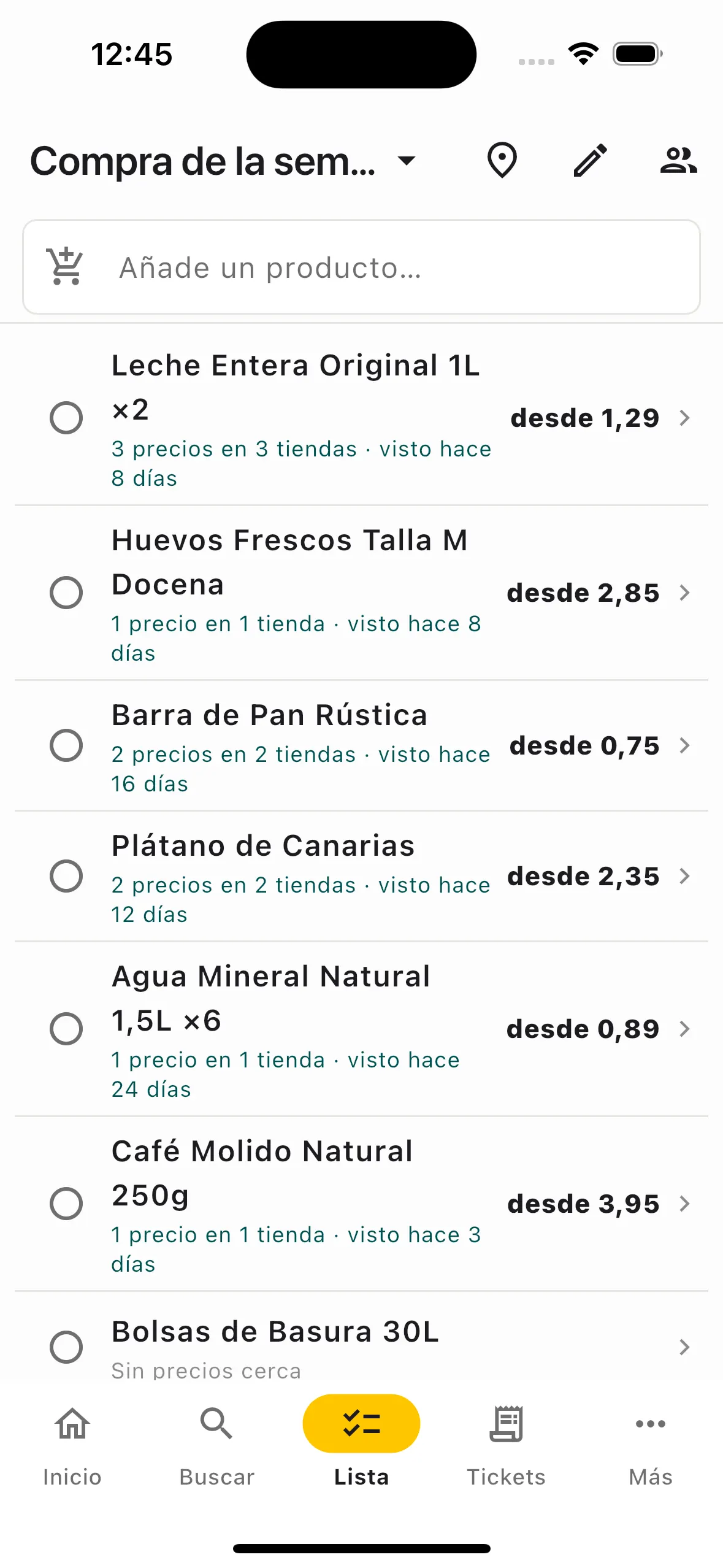 Lista de la compra compartida con precios cercanos por artículo