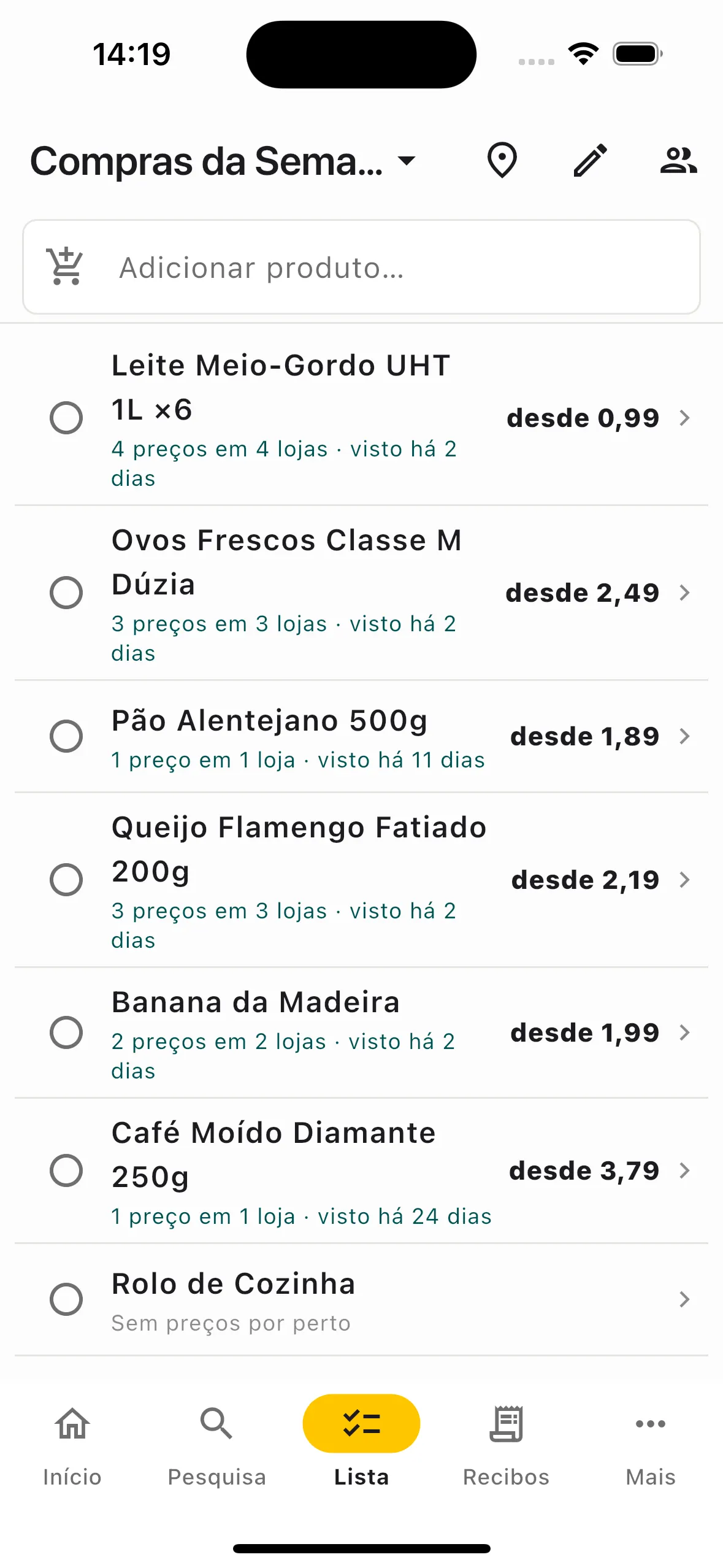 Lista de compras partilhada com preços próximos por artigo