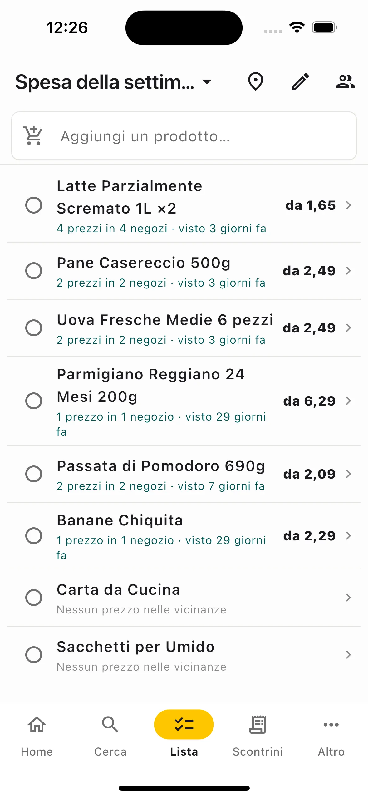 Lista della spesa condivisa con i prezzi vicini per ogni articolo
