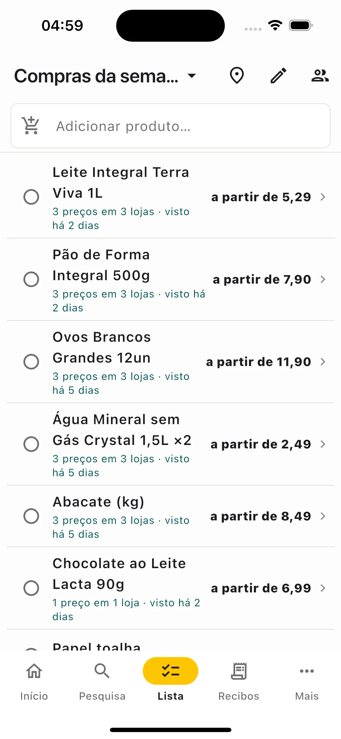 Lista de compras compartilhada com preços próximos por item
