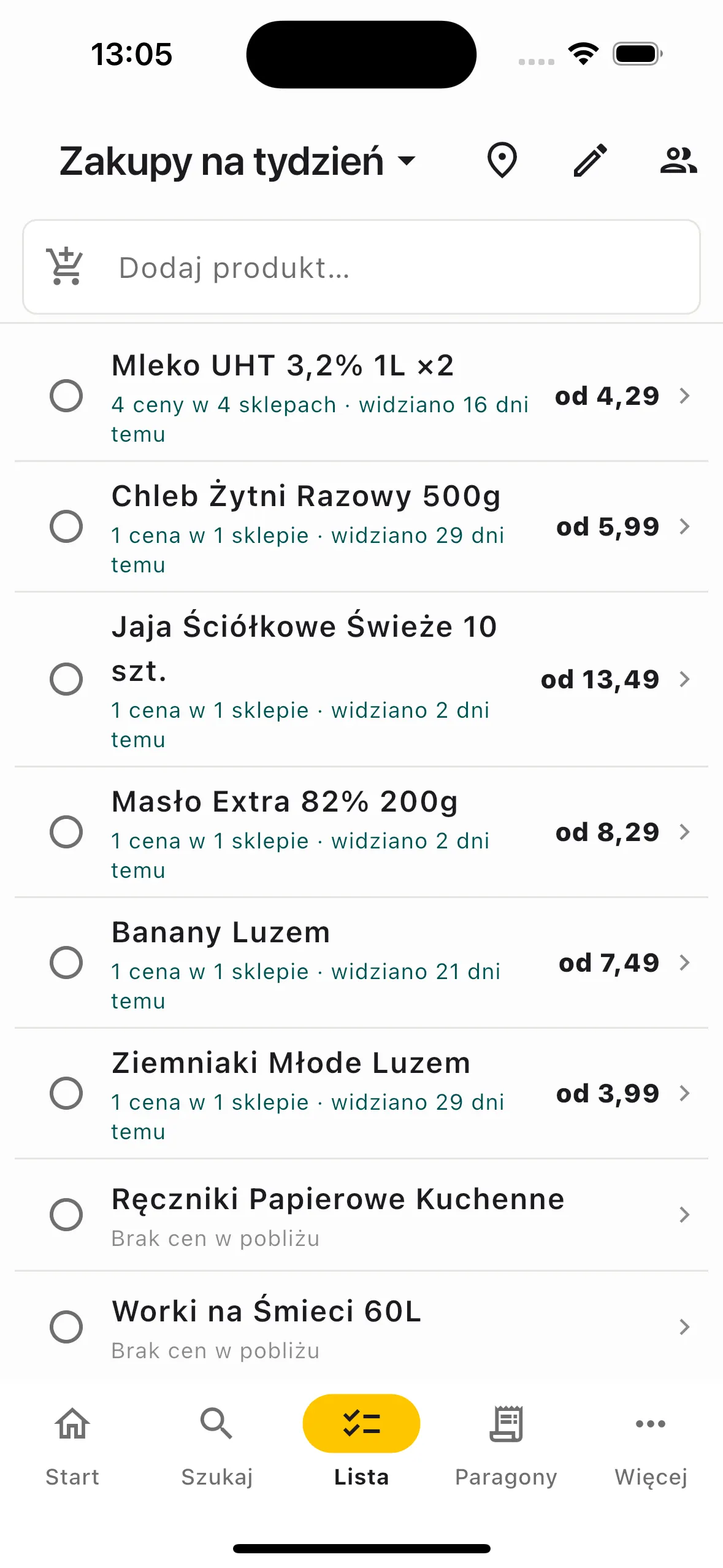 Wspólna lista zakupów z cenami w pobliżu przy każdej pozycji