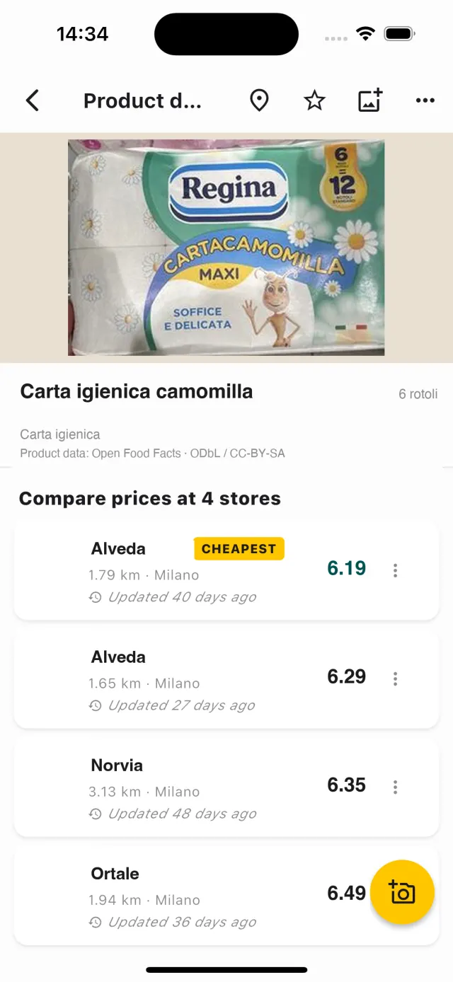 Scanning a shelf price tag and comparing prices at nearby stores