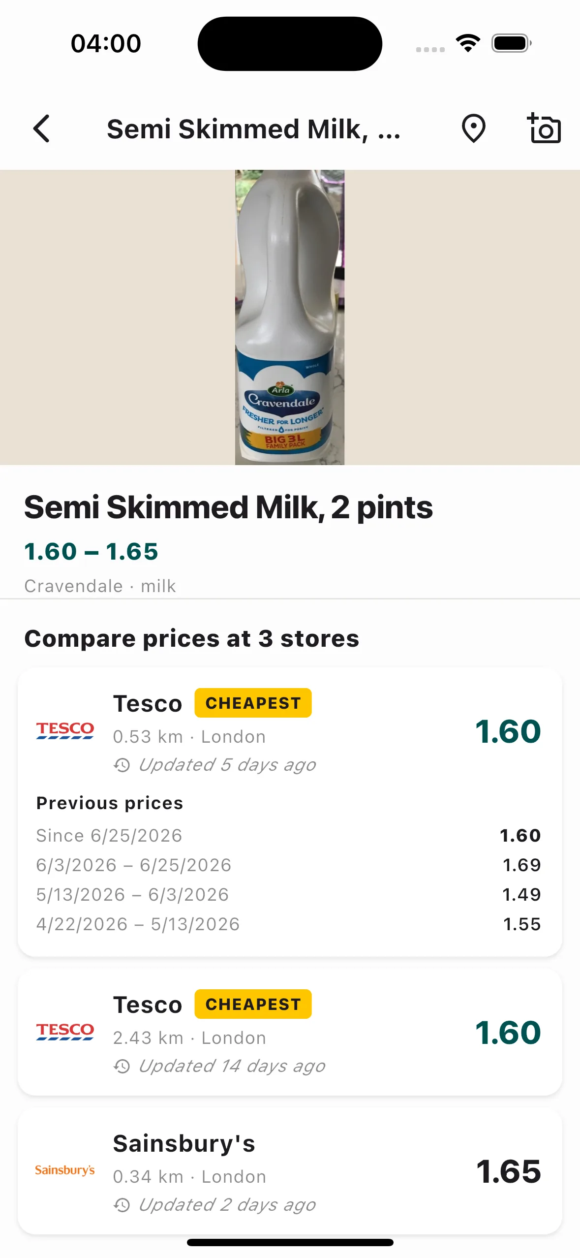 Product page showing previous prices over time