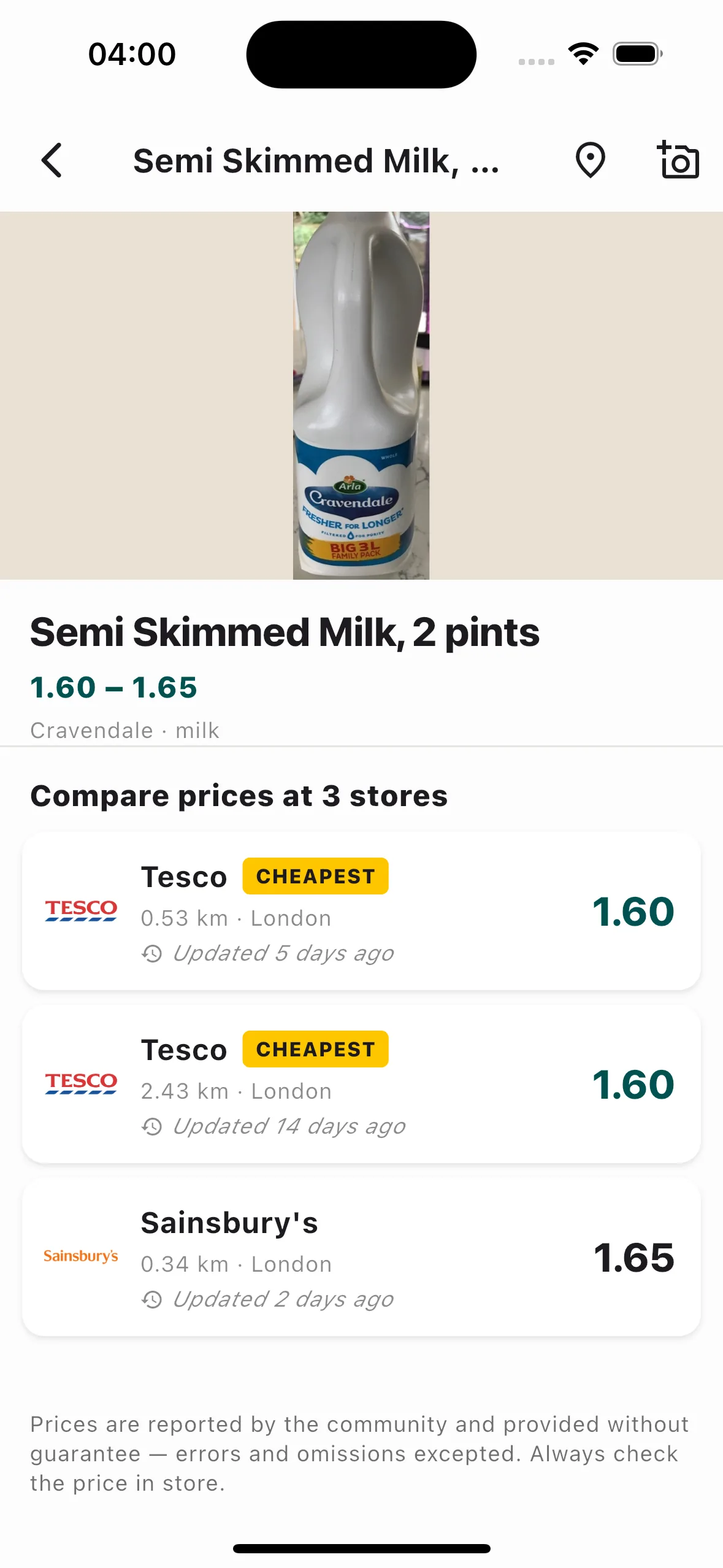 Zeebro app comparing prices for one product at nearby stores, cheapest first