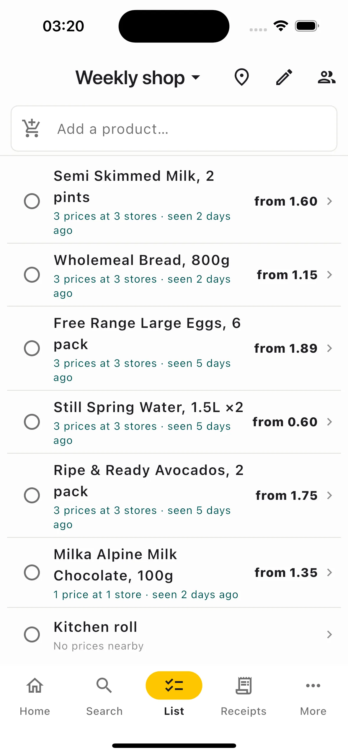 Shared shopping list with nearby price hints for each item